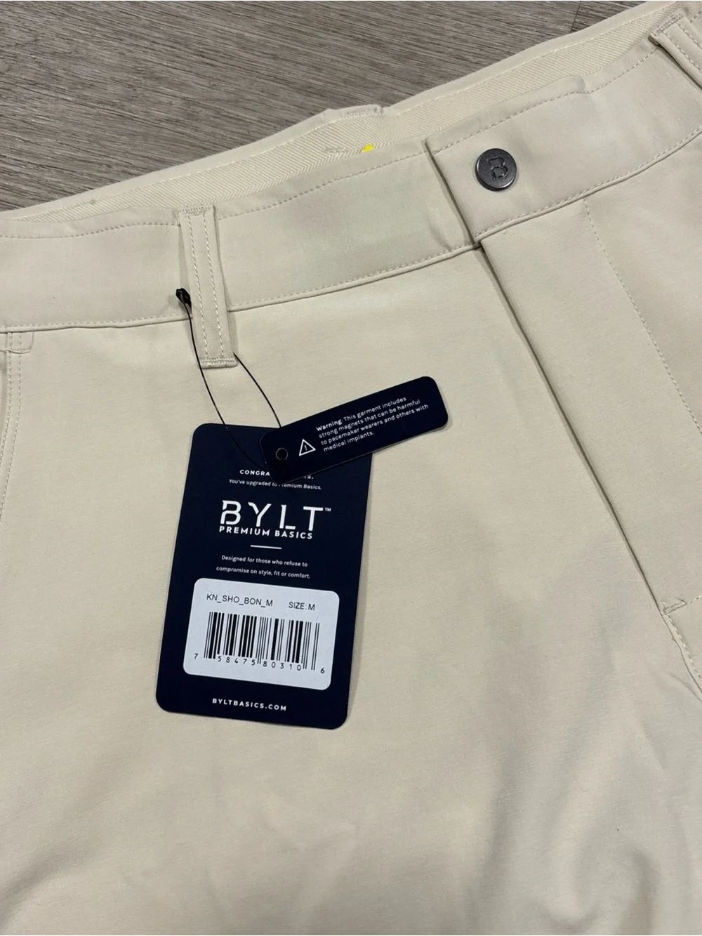 BYLT Basics Shorts Mens 32 Bone Tan Kinetic Stretch Zip Pocket Flat Front NWT